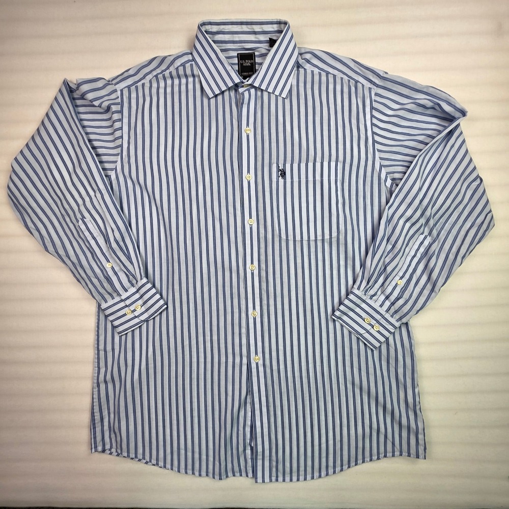 US Polo Assn Mens Button Down Shirt Blue White Striped Long Sleeve 16/16.5 34/35